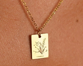 Dainty Birth Flower Necklace, Astrology Charm, Gold Star Sign Necklace, Constellation Birthstone Necklace • Zodiac Birthday Gift