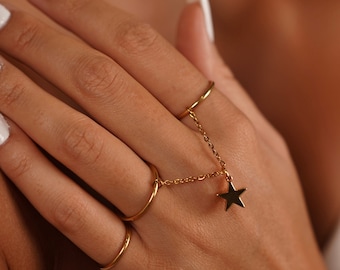 Star Stacking Ring, Constellation Dangle Ring, Gold Hand Chain Ring • Gift for Her •