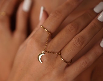 Dainty Moon Ring, Gold Star Dangle Chain Ring, Double Finger Chain Ring