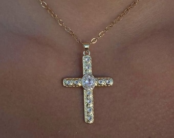 Collier croix religieuse en or avec breloques, bijoux croix imperméables, grand collier croix en or, collier à superpositions de croix de style vintage