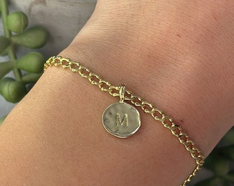 Gold Letter Charm Bracelet, 18K Plated Charm Bracelet with Initial, Coin Pendant with Letter