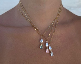 Crystal Pearl Necklace, Freshwater Pearl Necklace, Dangle Pearl Drop Necklace, Bridal Pearl Necklace, Minimalist Dainty Pearl Gift