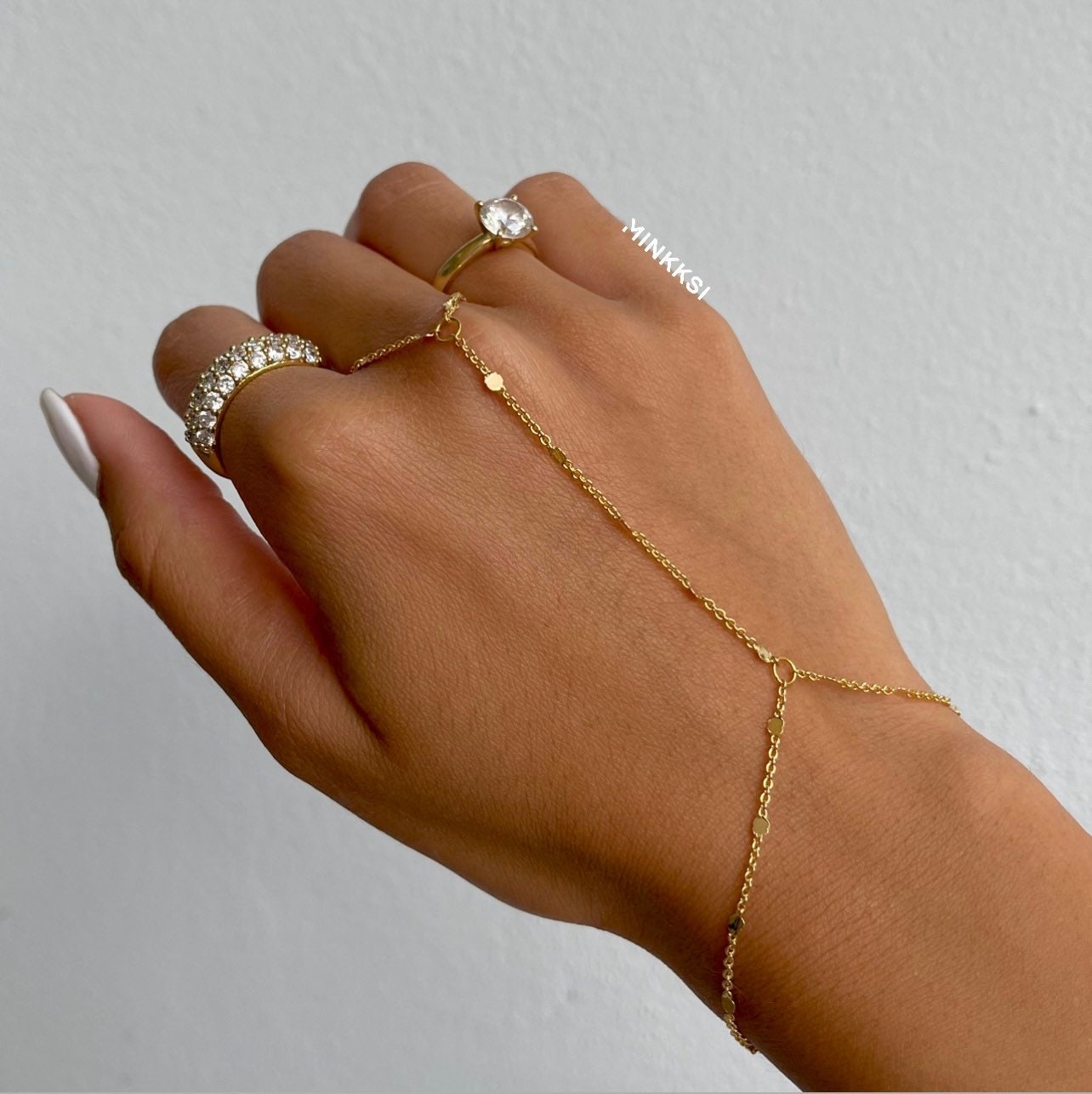 Delicate Slave Bracelet Ring, Gold Hand Chain Bracelet Gold Vermeil / 5.75-6.75in (14.6-17cm) / 6