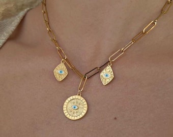 Gold Evil Eye Necklace, Paperclip Chain Necklace, Eye Charm Necklace, Gold Link Chain Necklace with Charms