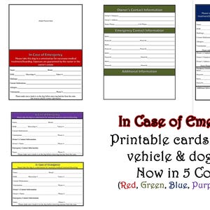 In Case of Emergency ICE Information Sheets Cards Car Dog Crate Travel Printable PDF Instant Download - 5 Traditional Colors Included