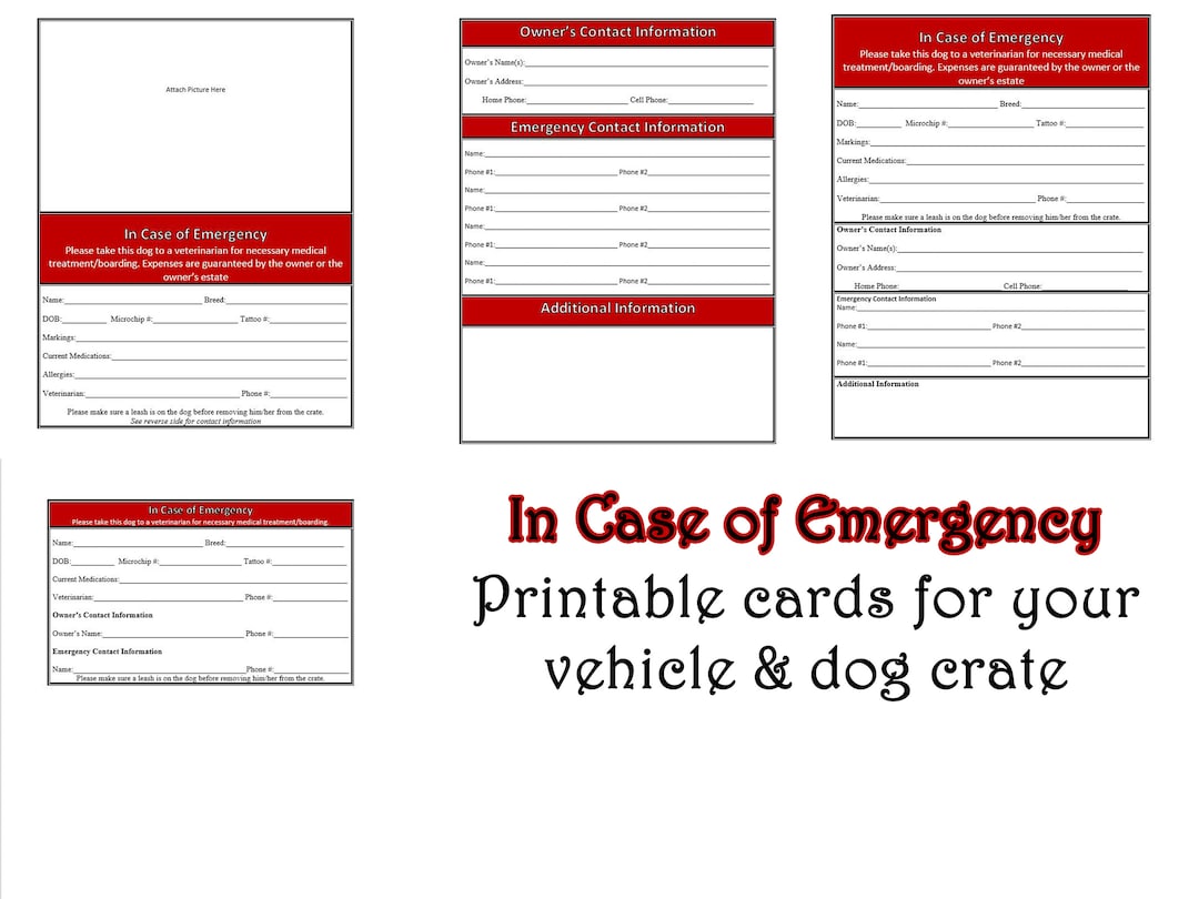 In Case of Emergency ICE Information Sheets Cards Car Dog Crate Travel