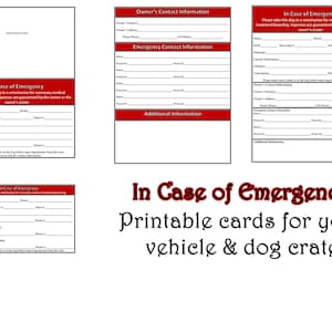 緊急時用ICE情報シートカード車犬用クレート旅行印刷可能なPDF即時ダウンロード