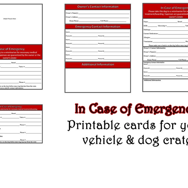 In Case of Emergency ICE Information Sheets Cards Car Dog Crate Travel Printable PDF Instant Download