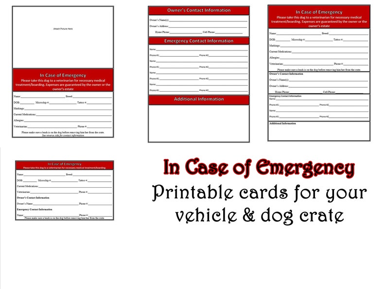 Pu&ograve; includere: Carte stampabili per il tuo veicolo e la cuccia del tuo cane. Le carte sono rosse e bianche con testo nero. Le carte hanno sezioni per le informazioni di contatto del proprietario, le informazioni di contatto di emergenza e le informazioni aggiuntive. Le carte hanno anche una sezione per il nome del cane, la data di nascita, il numero di microchip, la razza e il numero di tatuaggio. Le carte hanno anche una sezione per i farmaci attuali, le allergie e le informazioni del veterinario. Le carte hanno anche una sezione per informazioni aggiuntive. Le carte hanno anche una sezione per una nota al veterinario.