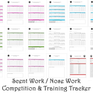 May include: A printable scent work and nose work competition and training tracker. The tracker has a black and white nose icon, a paw print icon, and a black and white dog icon. The tracker has a grid with columns for date, training, competition, and comments. The tracker has a section for competition profiles.