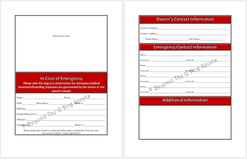 Pu&ograve; includere: Un modulo stampabile con testo rosso e bianco, intitolato "In caso di emergenza" e "Informazioni di contatto del proprietario". Il modulo include campi per il nome, l'indirizzo, i numeri di telefono del proprietario e le informazioni di contatto di emergenza.