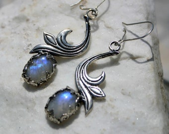 Unique Long Dangle Sterling Silver Moonstone Earrings, Handmade Gemstone Earrings Inspired by Nature Bridal Earrings, Gift for Mother&#39;s Day