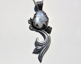 Rainbow Moonstone Sterling Silver Pendant Necklace, Nature Inspired Jewelry