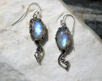 Spectro Lite Rainbow Moonstone Unique Genuine Silver Handmade Earrings, Ideal Elegant Bridal Jewelry, Infinity Spirals, Something Blue