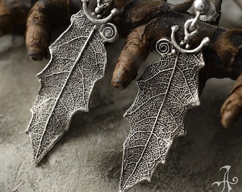 Holly Leaf Sterling Silver Earrings, Handmade Nature Inspired Jewelry
