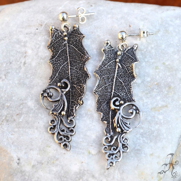 Holly Oak Leaf Sterling Silver Earrings, Handmade Organic Jewelry, Inspired by Nature Gift, Ideal Bridal Jewelry, Long Tribal Unique Earring
