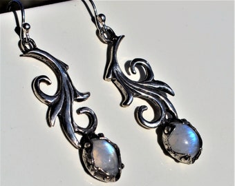 Moonstone Unique Long Dangle Sterling Silver Earrings, Handmade Gemstone Earrings Inspired by Nature Bridal Earrings, Gift for Mother&#39;s Day