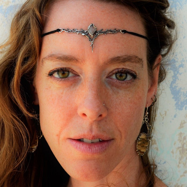 Unique Solid Silver Bridal Elven Forehead Jewelry,  Pointy Raw Crystal Chakra Crown Tiara, Elf Forest Nymph Headpiece, Hairdress Accessories