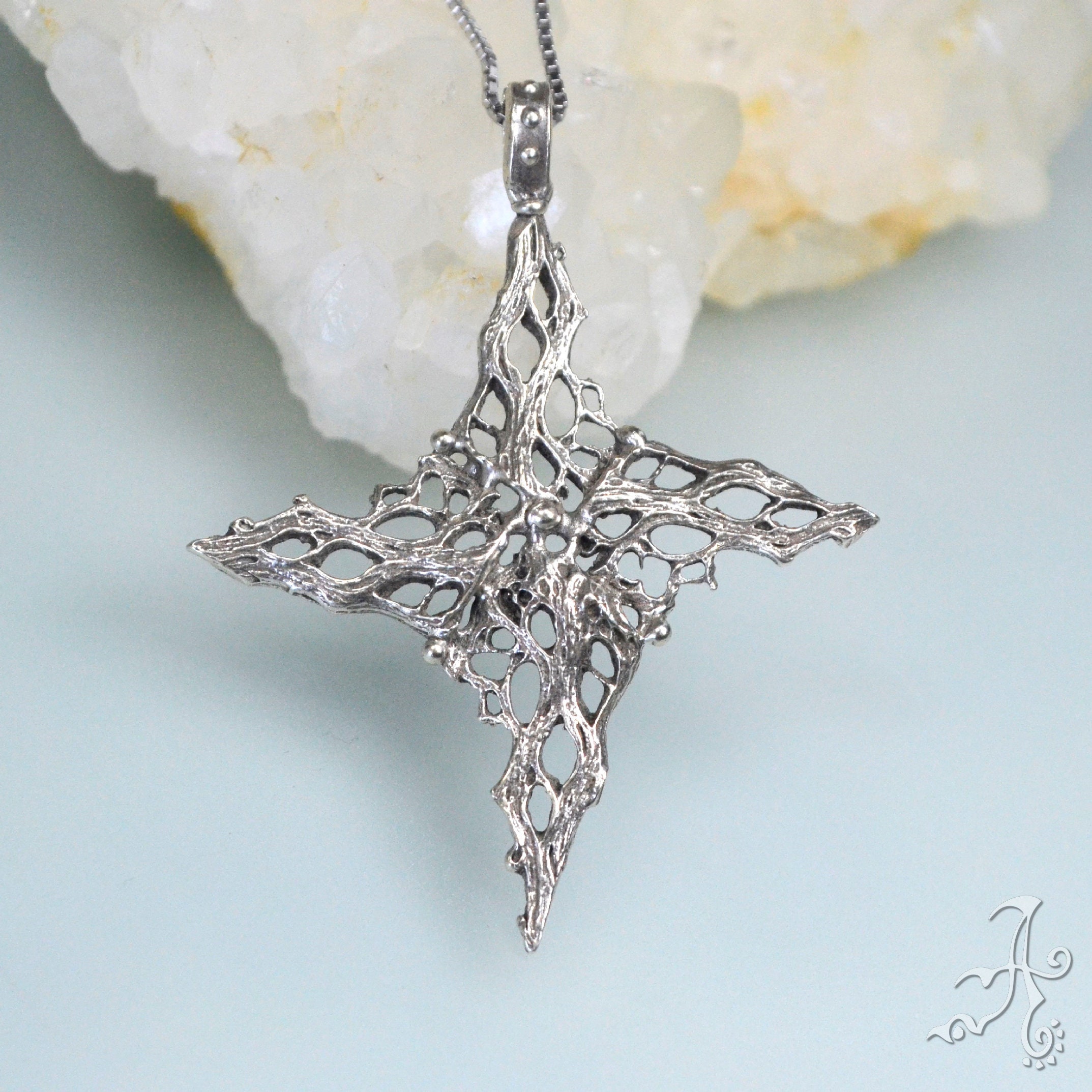 Celestial Pendant Four Point Star, Sterling Silver Handmade