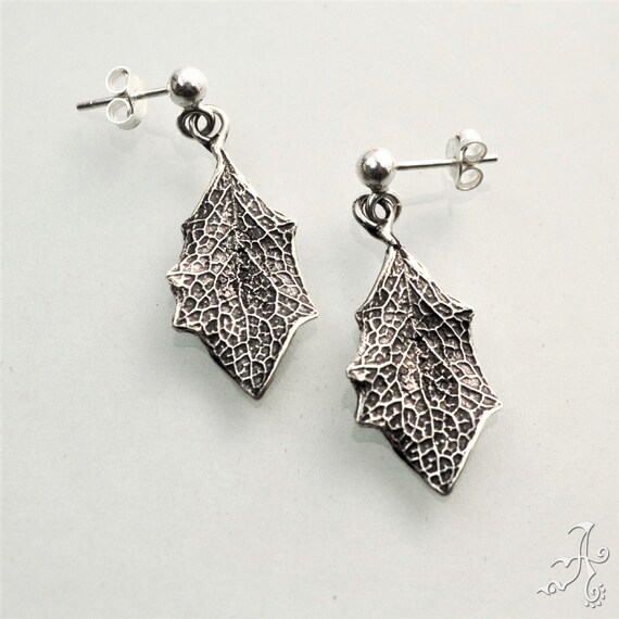Orecchini a bottone in argento sterling con foglia, ispirati alla natura, fatti a mano - Italia