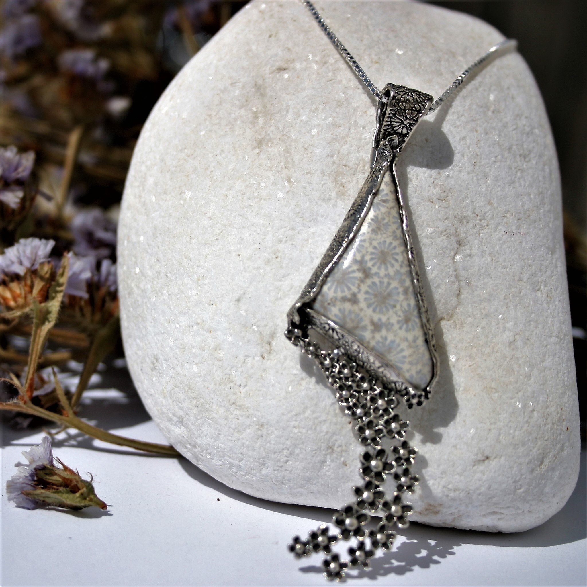 Fossil Coral Unique Handcrafted Lillies Sterling Silver Pendant, Inspired by Nature Flower Necklace, Special Unique Gift for Elegant Women