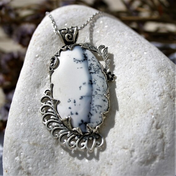 Hand Carved Sterling Silver Tree Agate Pendant Necklace
