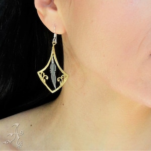 Gold Silver Earrings, Gold Framed Sterling Silver Feather Elegant Earrings, Handmade Gold Plated and 925 Silver Earrings, Dainty Boho Gift
