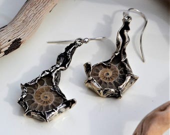 Sterling Silver Ammonite Earrings, Handmade Nature Inspired Jewelry