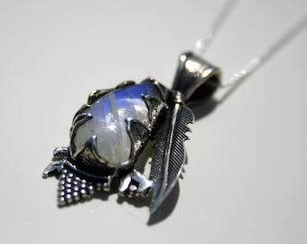 Rainbow Moonstone Sterling Silver Necklace, Feather & Leaves, Boho Bridal Pendant