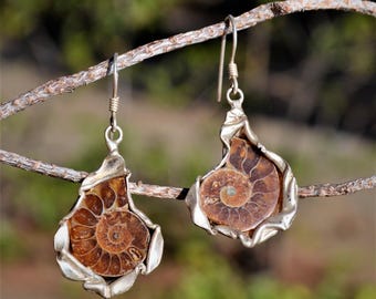 Sterling Silver Ammonite Earrings, Handmade Spiritual Jewelry
