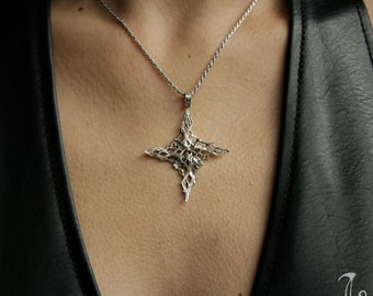 Celestial Pendant Four Point Star, Sterling Silver Handmade Necklace, Gift for him and her, Unisex Gift,  Mother&#39;s Day Gift, Free Shipping