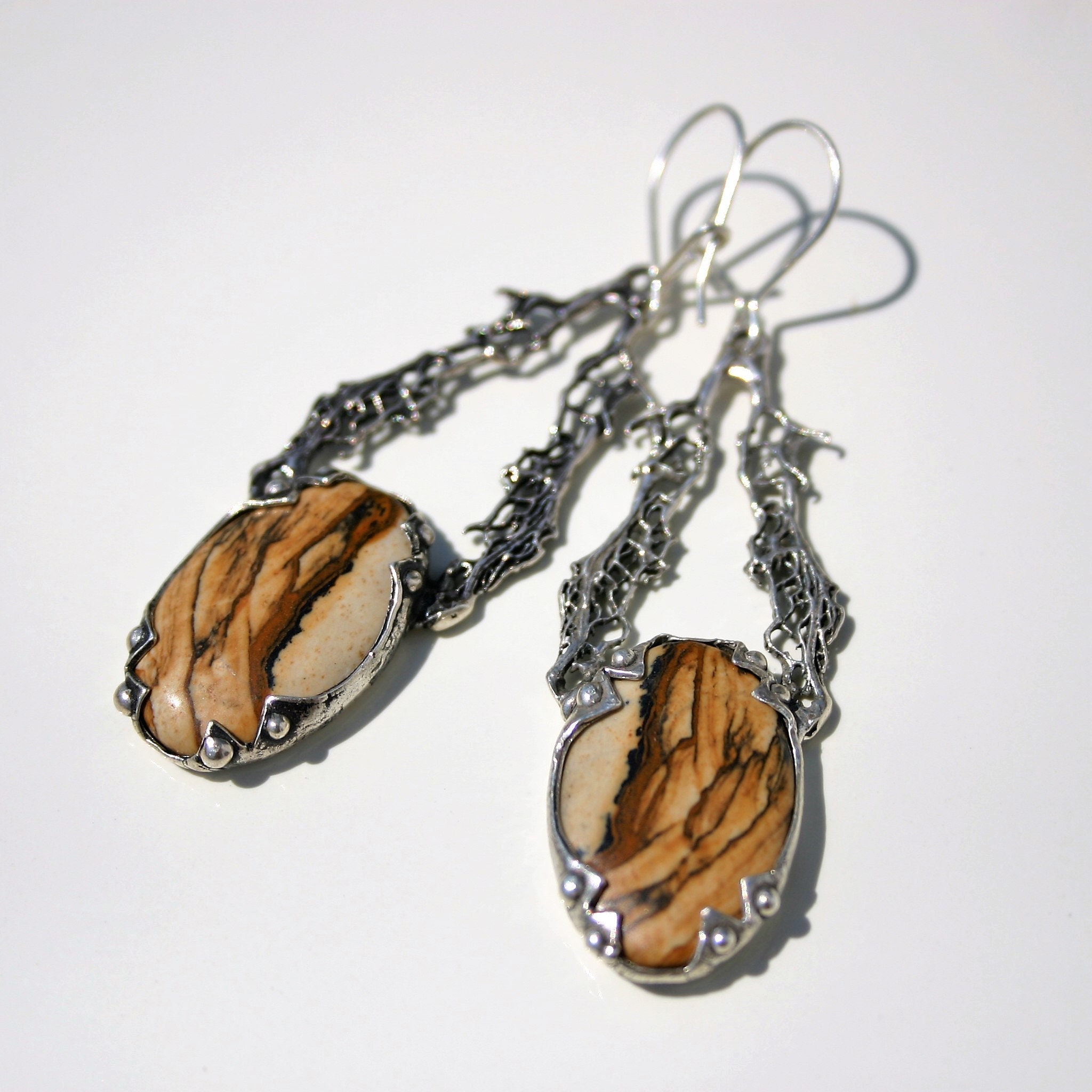 Landscape Picture Jusper Long Sterling Silver Statement Earrings with Powerful Protective Stone, Gift for Elegant Women Inspired by Nature