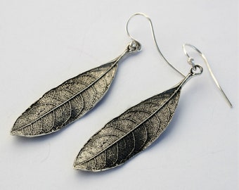 Real Olive Leaf Solid Silver Handcrafted Long Earrings for Elegant Women, Inspired by Nature Fairycore Jewelry, Earthy Boho Earrings for Her