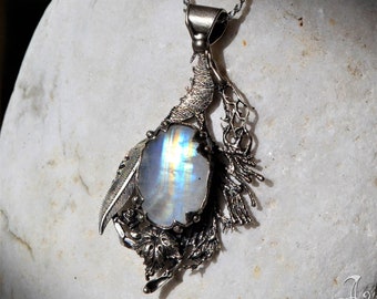 Handmade Sterling Silver Unique Moonstone Pendant, Nature Inspired Statement Necklace