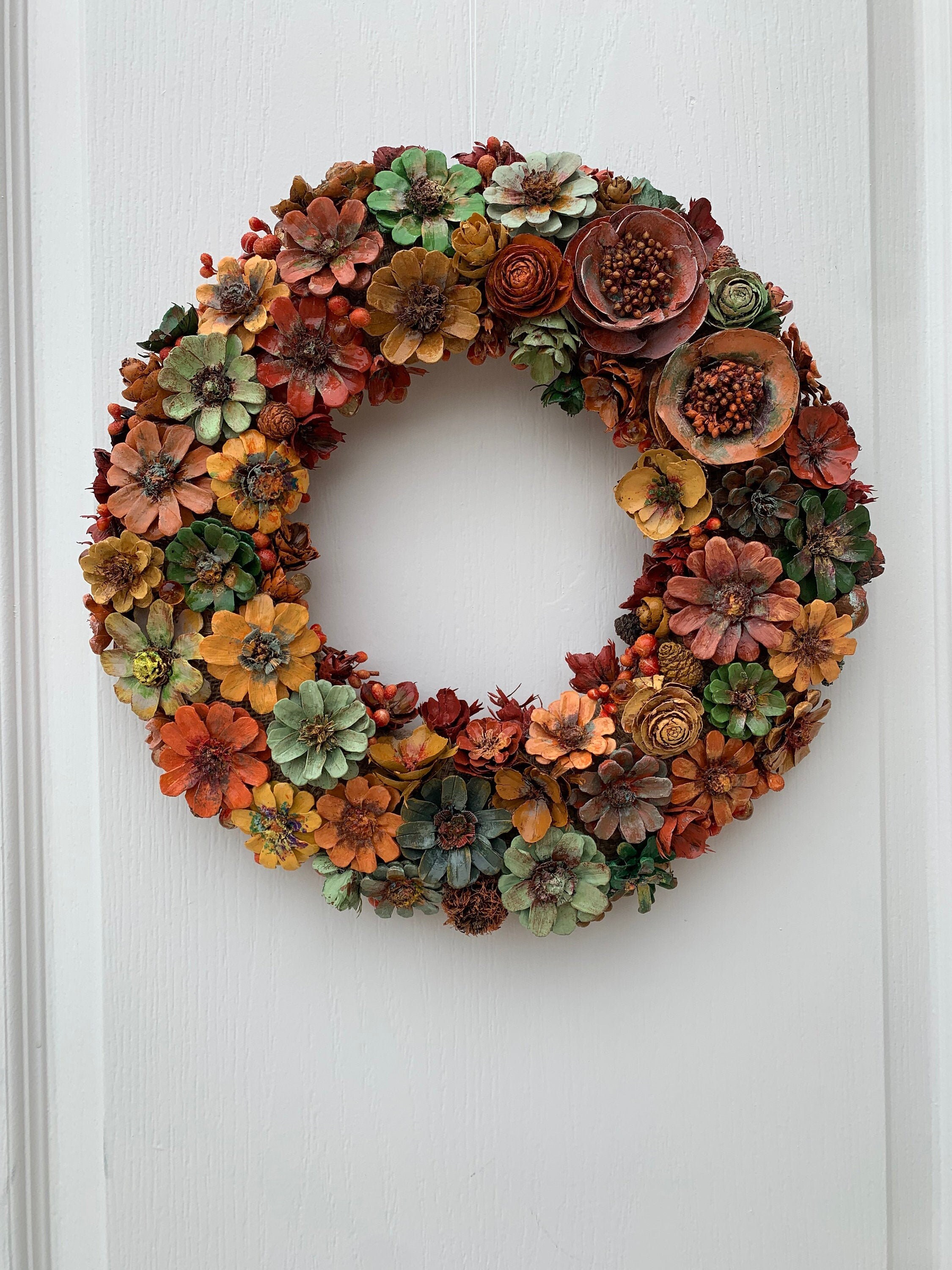 Handmade framed pine cone flowers door wreath fall Etsy