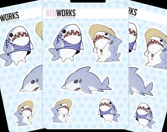May include: A set of nine stickers featuring a cartoon shark in various poses. The shark is wearing a blue and white striped shirt, a straw hat, and a gold necklace. The stickers are printed on a white background with blue polka dots.