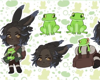 May include: A set of five stickers featuring a cartoon character with bunny ears and a frog. The character is shown in different poses, including holding a frog, sitting with a frog on a backpack, and with their eyes closed. The stickers are on a white background with green circles.