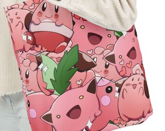 May include: Pink tote bag with a cartoon print of pink characters with hearts and green leaves.