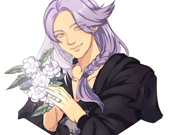 May include: A man with long, braided, lavender hair wearing a black robe holds a bouquet of white flowers. He is smiling and looking at the viewer.