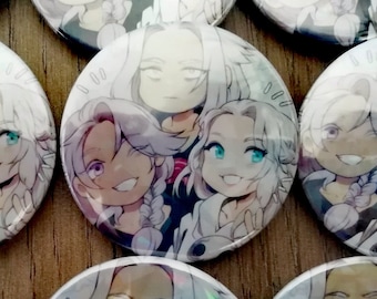 May include: A set of eight round button pins featuring anime-style characters with white hair. The characters have different expressions and are wearing various outfits. The buttons are white with a silver border.