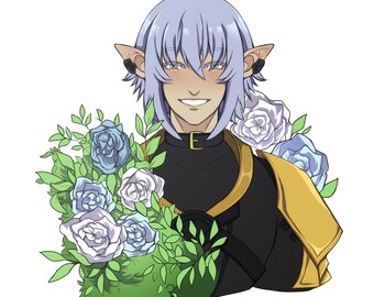 May include: A digital illustration of a smiling, light-skinned elf with lavender hair, wearing a black shirt with a gold collar and a yellow shoulder pad. The elf is holding a bouquet of blue and white roses with green leaves.
