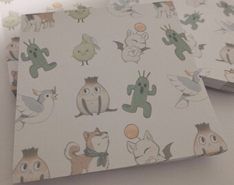 May include: A white background with a repeating pattern of various cartoon characters, including a bird, a dog, a cat, a plant, and a mushroom. The characters are drawn in a simple, whimsical style.