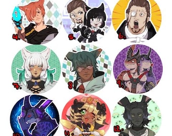 May include: A collection of fifteen circular character illustrations, each featuring a different anime-style character. The characters have diverse appearances, including animal ears, horns, and various hairstyles. The backgrounds vary with patterns and colors.
