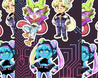 May include: A collection of stickers featuring anime-style characters. The stickers showcase various characters with unique designs, including a green fox-like character with sunglasses and a blue-skinned character with long, pink hair. The background is a dark purple with a circuit board design.