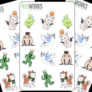 Könnte beinhalten: Ein Set mit 12 bunten Aufklebern mit Charakteren aus der Final Fantasy Videospielserie. Die Aufkleber beinhalten einen Chocobo, einen Moogle, einen Cactuar, einen Shiva und einen Red XIII. Die Aufkleber sind perfekt, um deinem Laptop, deiner Wasserflasche oder deinem Planer einen Hauch von Final Fantasy zu verleihen.