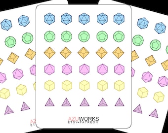 May include: Sheets of stickers featuring various geometric shapes in multiple colors. The shapes include blue dodecahedrons, green pentagons, orange diamonds, pink octahedrons, yellow cubes, and purple triangles. The text "AZUWORKS ETSY PATREON" is at the bottom.
