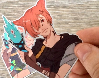 May include: A sticker featuring a cartoon character with red hair, wearing a black and brown outfit, holding a blue and white weapon. The character has cat ears and a cross on their forehead.
