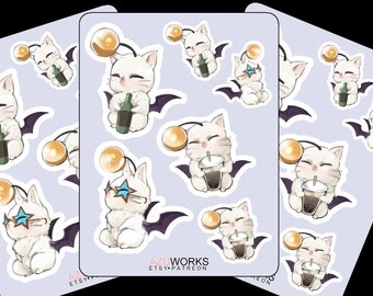May include: A set of 9 stickers featuring a white cat with bat wings and a yellow orb on its head. The cat is depicted in various poses, including holding a bottle of wine, a cup of boba tea, and wearing sunglasses. The stickers are printed on white paper with a light purple background. The text "AZUWORKS ETSY PATREON" is printed in pink at the bottom of the sticker sheet.