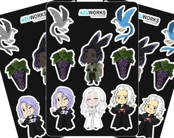 May include: A set of 10 stickers featuring various characters and objects. The stickers are printed on white paper with a black outline. The characters include a girl with purple hair, a girl with white hair, a girl with blonde hair, a boy with black hair, and a boy with white hair. The objects include a bunch of grapes, a bird, and a cat.