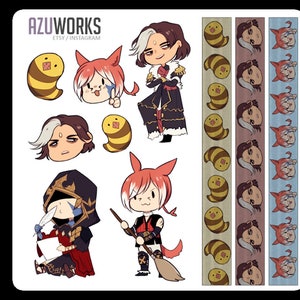 Puede incluir: Un conjunto de 10 pegatinas con personajes de dibujos animados con diferentes expresiones. Los personajes son un gato pelirrojo, una persona de pelo blanco con un abrigo negro y una persona con una capa negra con capucha. Las pegatinas también incluyen un patrón repetitivo de una criatura amarilla y marrón similar a una abeja.